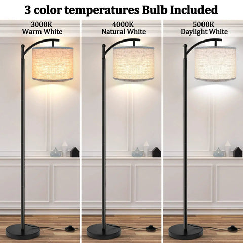Tall Industrial Floor Lamp With 3 Color Temperatures, 9W LED Bulb Included, Black Finish, Beige Lampshade Included