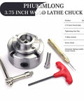 Beefy 3.75 Inch 4 Jaw Self Centering Scroll Chuck For Wood Lathe With 1 Inch 8 TPI Thread and included tools displayed