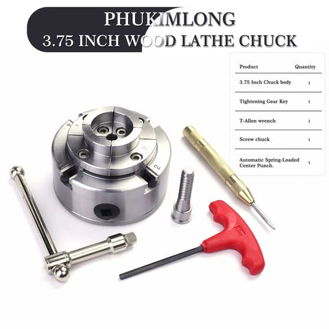 Beefy 3.75 Inch 4 Jaw Self Centering Scroll Chuck For Wood Lathe With 1 Inch 8 TPI Thread and included tools displayed