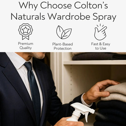 Man using Cedar Wood Spray With Lavender Extract Non Chemical Wood Protection Cedar Scent Keeps Closets Cabinets And Drawers Smelling Fresh All Day In A 32 Ounce Bottle to protect clothes.