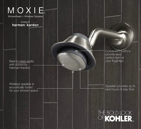 Moxie 2.5 GPM Showerhead With Bluetooth Speaker And Harman Kardon Audio, mounted on dark tiled bathroom wall
