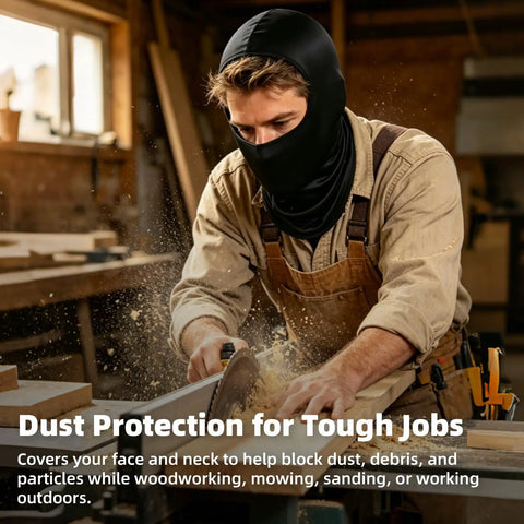 Man wearing All Season Balaclava Face Mask For Men And Women With UPF 50 Plus UV Protection, woodworking indoors