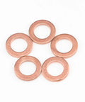 Five copper washers from Eight Sizes Copper Metric Sealing Washers And Flat Washers 150 Pieces Assortment Kit M6 M8 M10 M12 M14 M16 M18 M20 High Temp Tight Seal Rock Solid Seal.