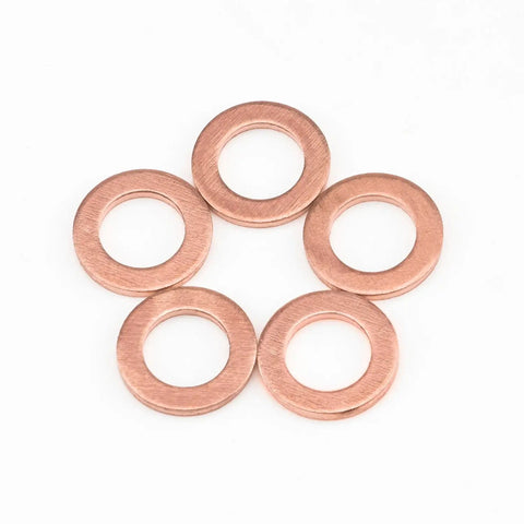Five copper washers from Eight Sizes Copper Metric Sealing Washers And Flat Washers 150 Pieces Assortment Kit M6 M8 M10 M12 M14 M16 M18 M20 High Temp Tight Seal Rock Solid Seal.