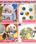 58mm Button Maker Press Kit Starter Bundle For DIY Pins And Badges showing applications on backpack, fridge, mirror, and art