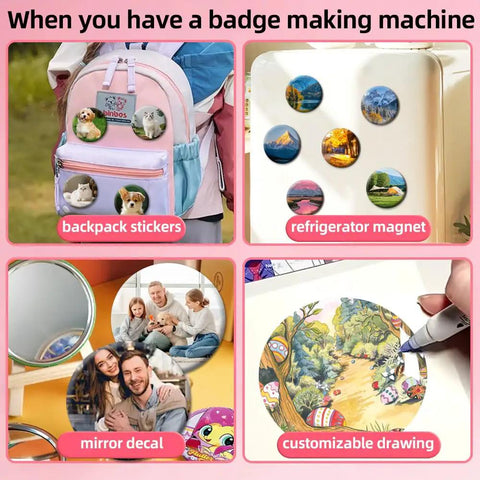 58mm Button Maker Press Kit Starter Bundle For DIY Pins And Badges showing applications on backpack, fridge, mirror, and art