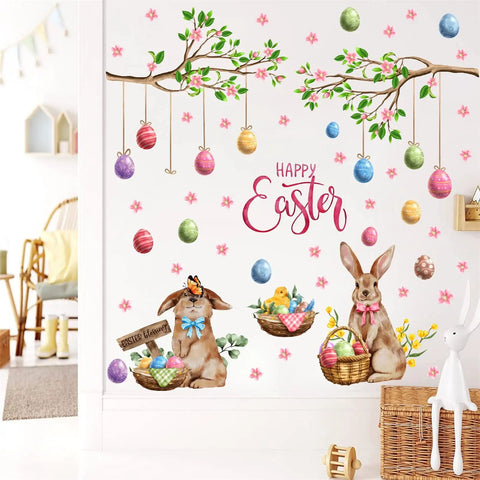 Happy Easter Totally Cute Wall Decals Set With Bunny And Eggs Tree Branch Design Peel And Stick Window Clings For Living Room Bedroom And Nursery Spring Decor Easy Peel And Stick For Quick Home Decor