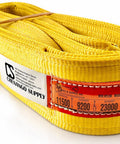 Four Inch By Eight Foot Nylon Lifting Sling Built USA Tough USA Made Heavy Duty 11,500 Lb Vertical 9,200 Lb Choker 23,000 Lb Basket Rating 2 Ply 900 Webbing Type 3 Eye To Eye Rigging Sling, showing yellow nylon material with load ratings label.