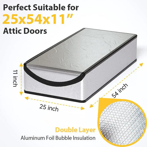 Attic Door Insulation Cover For 25 By 54 By 11 Inch Stairs, Heavy Duty Easy Install, No Frills Home Energy Saver, Aluminum Foil Insulation