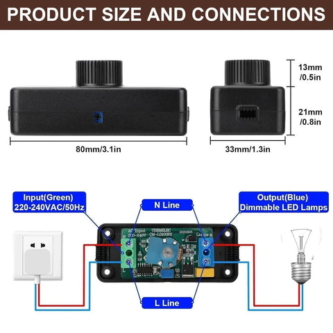 Dimensions and connections of Inline LED Dimmer Switch 1 Gang for Table Lamps, Trailing Edge Rotary Dimmer shown.