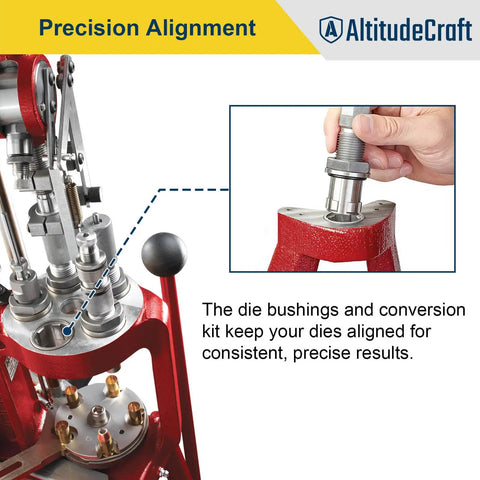 Quick Change Die Bushings Kit for Reloading on Hornady press with hand installing bushing into red single-stage press
