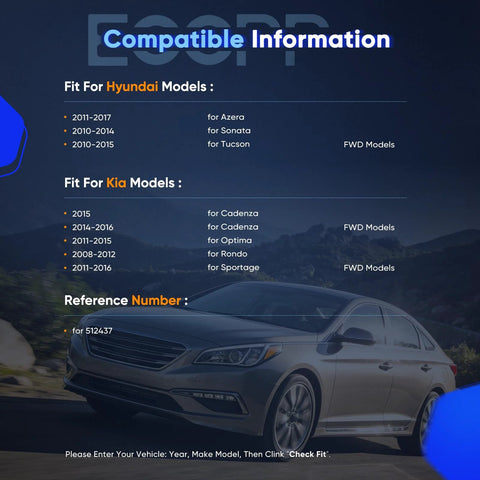 Compatability information for Rear Five-Lug Wheel Bearing And Hub Assembly With ABS Compatible With Hyundai Azera Sonata Tucson and Kia Cadenza Optima.