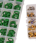 AC Repair Kit With O Ring Set And Valve Cores For Cars Removal Tool R12 And R134a Compatible Includes 270 Piece O Ring Assortment And 40 Piece Valve Core Kit Also Works With Tire Valve Stems, green O-rings and valve cores in organizer
