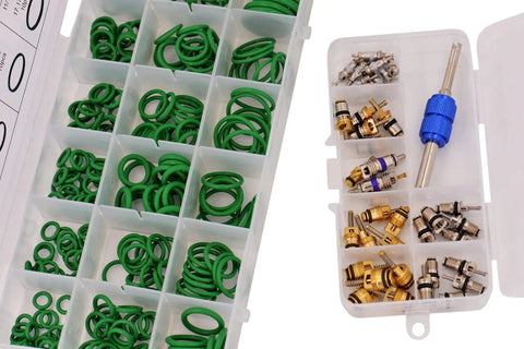 AC Repair Kit With O Ring Set And Valve Cores For Cars Removal Tool R12 And R134a Compatible Includes 270 Piece O Ring Assortment And 40 Piece Valve Core Kit Also Works With Tire Valve Stems, green O-rings and valve cores in organizer