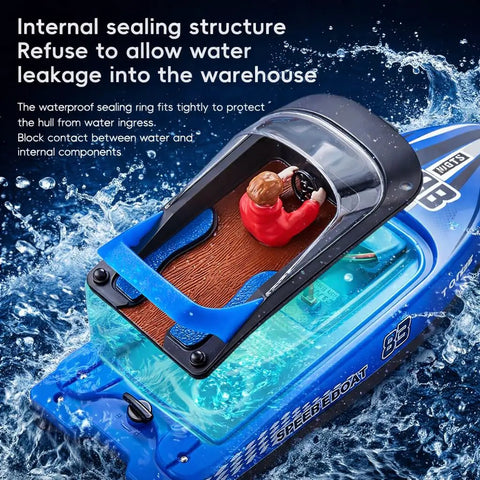 High Speed RC Boat For Pool And Lake With 2.4Ghz Remote 120 Minutes Playtime showing waterproof sealing and cockpit details