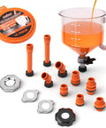 Slick No Drama Spill Proof Coolant Funnel Kit With Universal Adapter Bleeder components, including orange funnel, adapters, and caps.