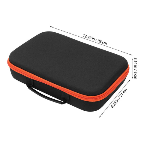 Rugged EVA Tool Storage Case For Drill Driver And Grinder With Window, black case with orange zipper and handle, size dimensions shown