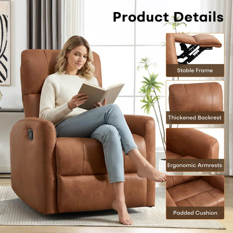 Woman relaxing on Swivel Rocker Recliner Chair With Faux Leather, Manual Glider, 360 Degree Swivel, Nursery Friendly For Adults