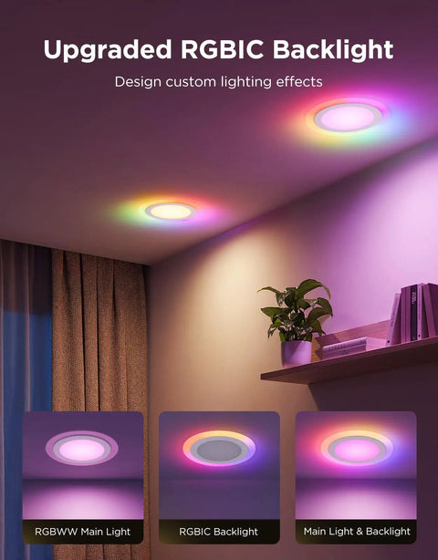 Game Changing Smart Recessed Lights 6 Inch Led Downlights 1100 Lumens 4 Pack With Rgbic Ambient Backlight And Tunable Color Temperature For Modern Home Spaces Fresh Vibe Upgrade showcasing vibrant RGBIC backlight effects for custom lighting.