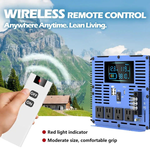 4000W Pure Sine Wave Power Inverter 12V DC To 110V And 120V AC with wireless remote control and LCD display.