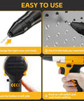 Heavy Duty Cordless Rivet Gun Compatible With DeWalt 20V Battery Tool Only instructions for use, showcasing tool components and operation.