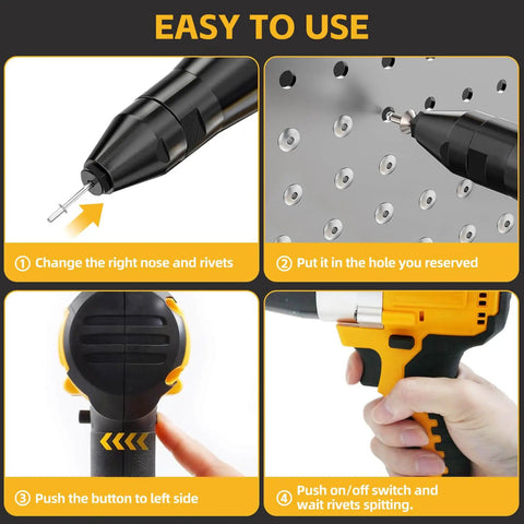 Heavy Duty Cordless Rivet Gun Compatible With DeWalt 20V Battery Tool Only instructions for use, showcasing tool components and operation.