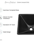 Claire 15.5 Inch Black Glass Vessel Sink For Above Counter Mount Durable Tempered Glass 1.75 Inch Drain Deep 5 3 16 Inch Basin