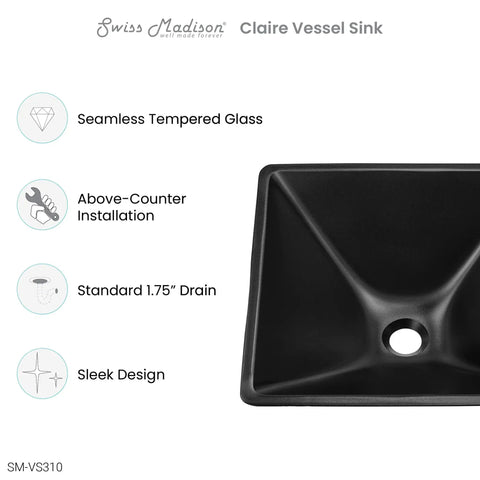 Claire 15.5 Inch Black Glass Vessel Sink For Above Counter Mount Durable Tempered Glass 1.75 Inch Drain Deep 5 3 16 Inch Basin
