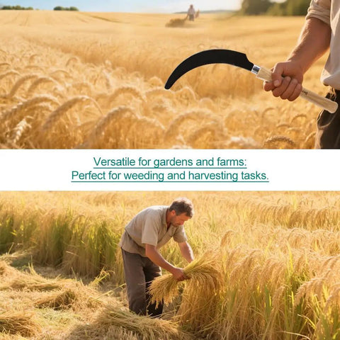 Grass Sickle With Sawtooth Blade For Heavy Duty Weeding And Harvesting, SK5 High Carbon Steel Blade, Ashwood Handle in wheat field