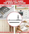 Premium Extended Cabinet Hardware Jig Kit For 32 Inch And 16 Inch Drawers With Heavy Duty Aluminum Build To Speed Up Installations Without Measuring Hassle For Easy DIY Remodeling Projects Right Now. shown for long drawer panels and cabinet doors