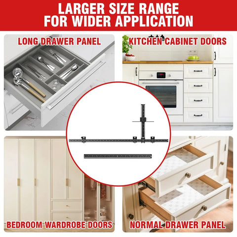 Premium Extended Cabinet Hardware Jig Kit For 32 Inch And 16 Inch Drawers With Heavy Duty Aluminum Build To Speed Up Installations Without Measuring Hassle For Easy DIY Remodeling Projects Right Now. shown for long drawer panels and cabinet doors