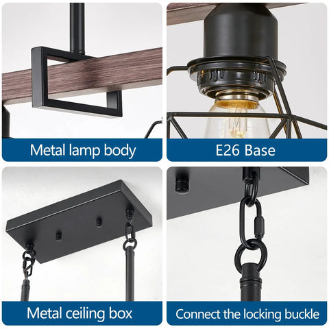 Close-ups of Three Light Vintage Industrial Pendant With Walnut Finish And Matte Black Frame Adjustable Hanging Light For Kitchen Island E26 Base