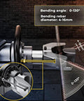 Heavy Duty 900W Electric Rebar Bender Machine With Pure Copper Motor showing bending angle 0-130° and rebar diameter 4-16mm.