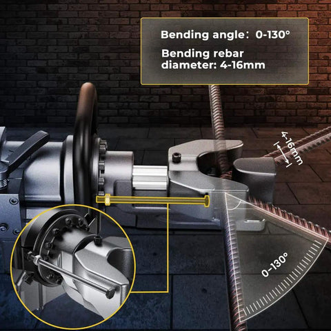 Heavy Duty 900W Electric Rebar Bender Machine With Pure Copper Motor showing bending angle 0-130° and rebar diameter 4-16mm.
