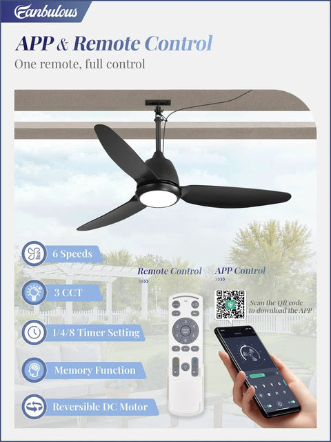 Outdoor Ceiling Fan With Light IP65 Waterproof Wet Rated for Patio Gazebo Black with smart app and remote control