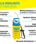 Three Liter Pressure Sprayer With Adjustable Brass Nozzle And Shoulder Straps shown with features highlighted in German text.