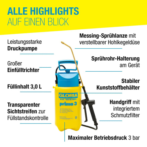 Three Liter Pressure Sprayer With Adjustable Brass Nozzle And Shoulder Straps shown with features highlighted in German text.