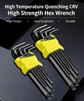 Premium Extra Long Ball End Hex Key Set Crafted From Heat Treated Crv Steel With Black Oxide Finish For High Torque Work And Stubborn Fasteners That Come In A Metric 9 Piece Kit, 9-piece metric set in yellow holder