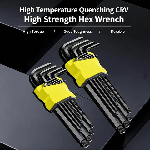 Premium Extra Long Ball End Hex Key Set Crafted From Heat Treated Crv Steel With Black Oxide Finish For High Torque Work And Stubborn Fasteners That Come In A Metric 9 Piece Kit, 9-piece metric set in yellow holder
