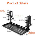 Adjustable Under Desk Laptop Holder With Integrated Cord Organizer Rack Quick Grip Edge Clamp showing dimensions and features.
