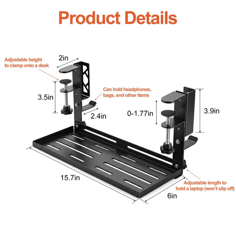 Adjustable Under Desk Laptop Holder With Integrated Cord Organizer Rack Quick Grip Edge Clamp showing dimensions and features.