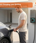 Man using Level 2 50 Amp 240V EV Charger For At Home, 12kW Hardwired J1772 Station With 25 Ft Cable for electric car charging