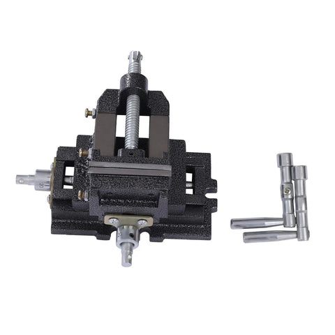 Pro Grade Top Shelf 3 Inch 2 Way Cross Slide Drill Press Vise With XY Travel Scales, detailed view of cast iron vice with movable jaws.