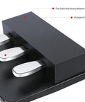 Three Pedal Foot Pedal Unit For Digital Keyboards And Pianos With Soft Sostenuto And Sustain, showing metal pedals and wooden base.