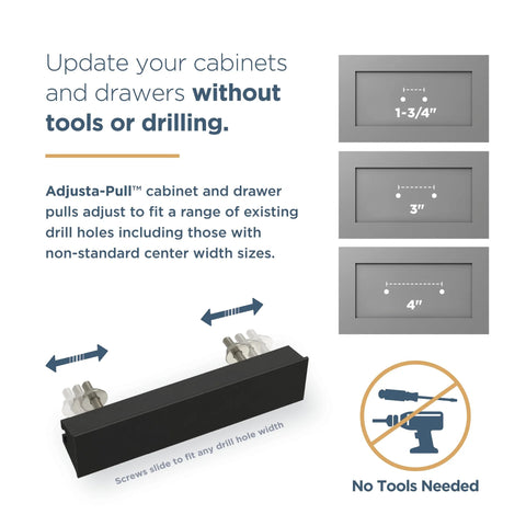 5 Pack Adjustable Drawer Pulls In Champagne Bronze For 2 To 8 13/16 Inch Hole Centers With Classic Curve Design For Cabinets And Furniture Updates Durable Aluminum Handles For Kitchen And Bath Easy Install diagram showing adjustability and no tools needed