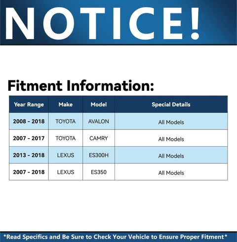 Fitment information for Front Brake Kit With Ceramic Pads And Rotors For Toyota Camry ES350 2007-2017 Avalon 2008-2018 Lexus ES300h 2013-2018
