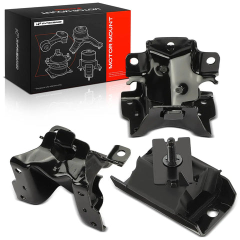 Straight Bolt On Engine And Transmission Mount Replacement Set For Chevy Express And Gmc Savana 1500 2500 V6 4.3 Liter 2003 Through 2014 Smooth Cruise Heavy Duty Build No Drama three-piece motor mount kit in glossy black finish.