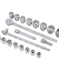 Heavy Duty 3/4 inch Drive Impact Socket Set With Ratchet Handle And Breaker Bar Featuring 21 Piece SAE Range From 7/8 To 2 Inches For Tough Truck Farm Equipment Jobs, chrome sockets laid out