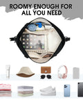 Open Underseat Personal Item Bag With USB Charging Port showing organized interior with tablet, shoes, clothing, and accessories.