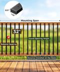View of Heavy Duty 55 Iron Deck Balusters 32 Inch Rectangular Railing Kit with measurements and mounting details shown